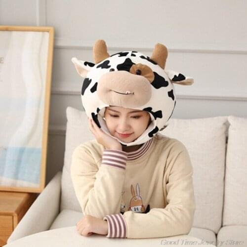 Funny Milk Cow Head Plush Hat Pillow Spot Print Cartoon Animal Stuffed Toy Headgear Cap Cosplay Party Photo Props A20 21