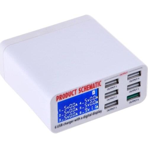 6-Port USB Smart Phone Charger LCD Large Screen Display Automatic Identification Voltage Current Mobile Phone Charging Station