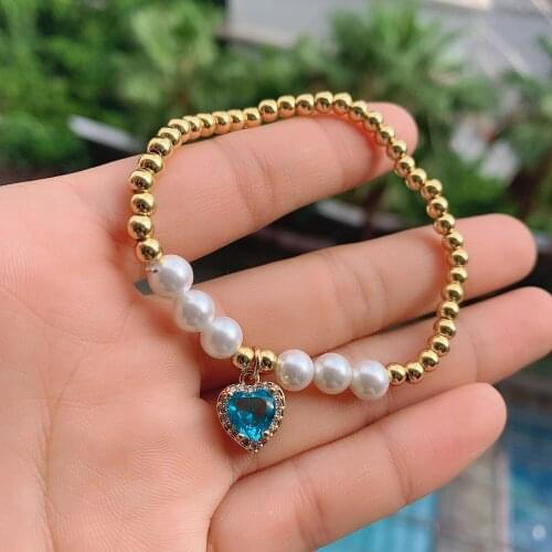 Pearl Bracelet with Crystal Heart Charm Gold Beads Bracelets for Woman Girl, Freshwater Pearl Jewelry, Gold Charm Bracelet