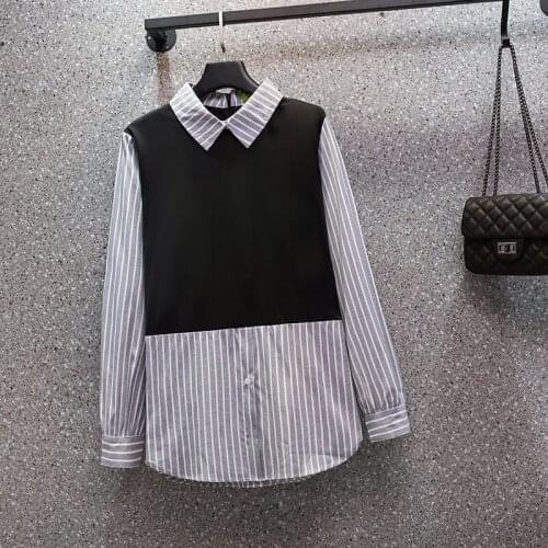 Striped False Two Piece Long Sleeved Plus Size Korean Autumn Elegant Fashion Blouses And Tops WomenS Oversize Shirt Clothing