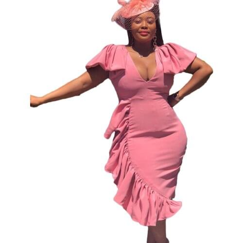 Large Size Womens Short-Sleeved Medium Long Skirt 2021 Summer New Fashion Sexy Lotus Leaf V-Neck Hip High Waist Long Dress