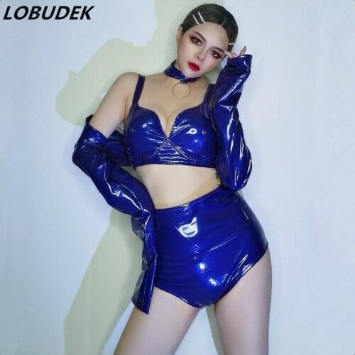 Women Dancer Team DJ Jazz Modern Dance Outfit Red Purple Blue Elastic Patent Leather Bra Shorts Tops Split Suit Sexy DS Costume