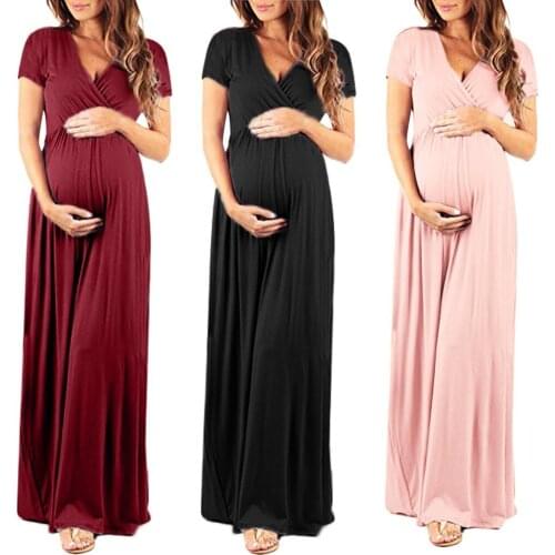 Womens Pregnancy V Collar Short Sleeve Dress Maternity Ladys Sundress Clothes Pure Color Comfortable pregnant Dress vestidos