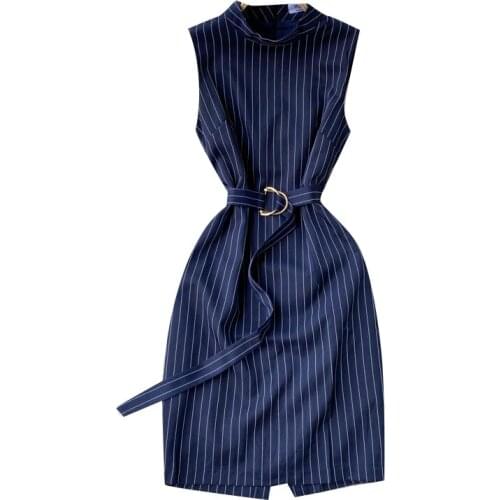 2021 New Summer Ladies Vestidos Temperament Stand-up Collar Retro Striped Slim Commuter Womens Midi Dress DK775