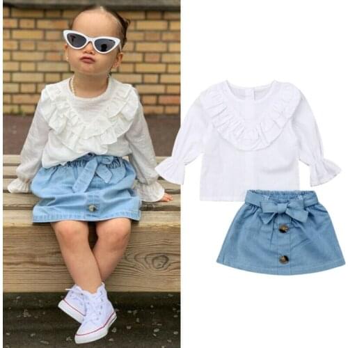 Toddler Kids Baby Girl Clothes Long Sleeve Ruffle Tops+Denim Dress Outfit Set 1-5Y