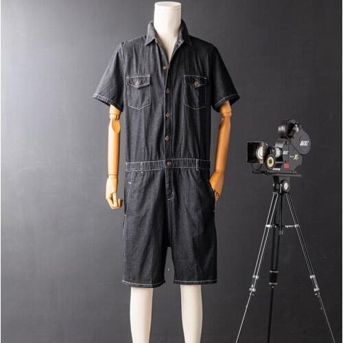 Men Hip Hop One Piece Short Sleeve Jeans Overalls Harajuku Printed Cargo Denim Jumpsuit Streetwear Summer Knee Length Rompers