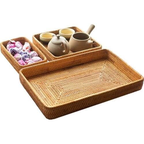 Natural Rattan Storage Basket Rectangular Wicker Woven Food Fruit Candy Bread Organizer Bathroom Living Room Decoration S/M/L