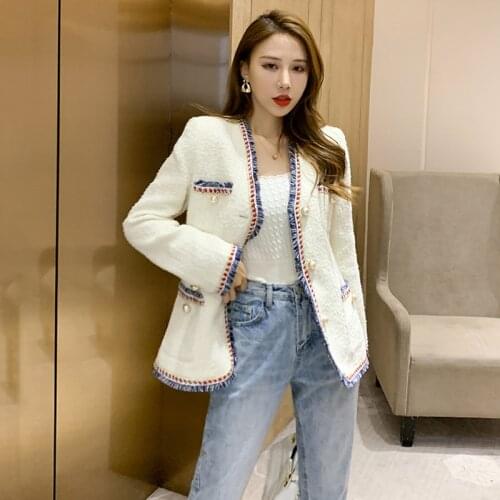 Pearl Buckle Contrast Color Elegant Fashion Jacket Women 2021 Autumn Winter New V-neck Single-Breasted Tweed Woolen Coat