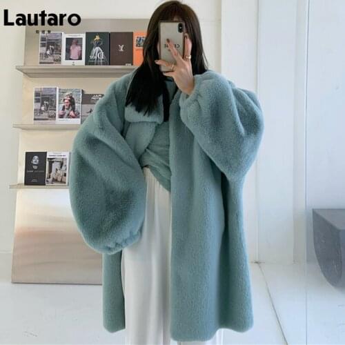 Lautaro Winter Long Oversized Warm Soft Fluffy Faux Fur Coat Women Drop Shoulder Long Sleeve Casual Loose Korean Fashion 2021
