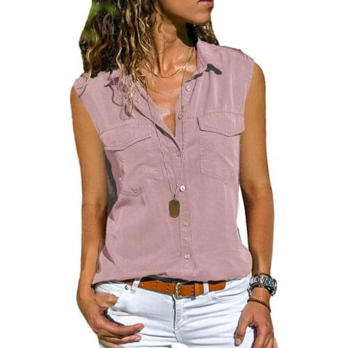 Summer Fashion Ladies Pocket Lapel Sleeveless Button Shirt Solid Color Outer Wear Comfortable Fashionable Sexy Blouse Women