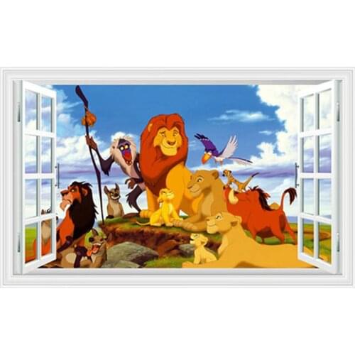 Lion cartoon wall decals King of Animal fake 3d window vinyl mural stickers kids room decoration anime poster wallpaper 70*50cm