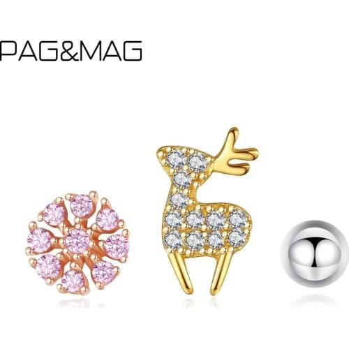 PAG&MAG Christams Deer CZ Earrings Girls Gift 925 Sterling Silver Stud Earrings Stackable Fine Jewelry For Women 3 Pairs/set