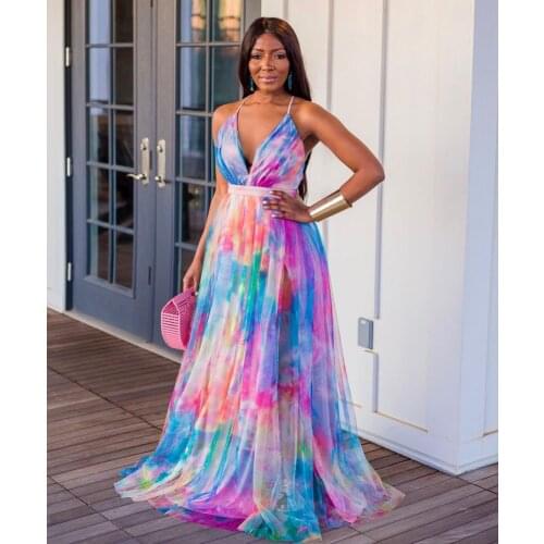 Omancady Deep V Neck Backless Summer Women Party Dress Sexy Net Yarn Sleeveless Prom Ladies Maxi Dress Slim Princess Long Dress