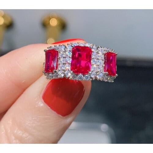 QTT 2021 Excellent Blood Red Ring For Women Pave Diamonds Rectangle CZ Promise Ring Silver 925 Jewelry Wedding Engagement Party