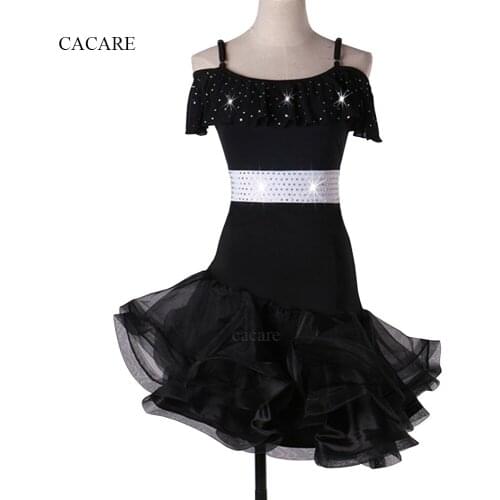 Salsa Latin Dance Dress Women Samba Tango Flapper Dress D0059 Black Adjustable Strip Waist Belt Rhinestones Fluffy Sheer Hem