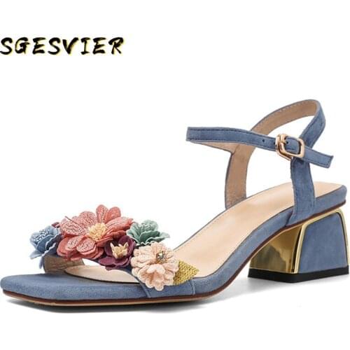 SGESVIER Fashion Sweet Flowers Decoration Women Sandals Square Toe Buckle High Heels Elegant Kid Suede Party Office Shoes Woman