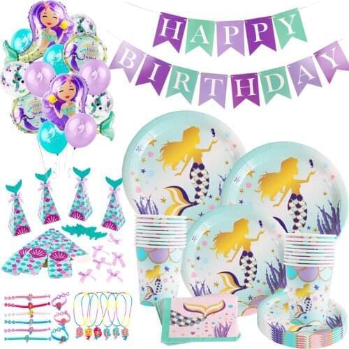 The Little Mermaid Birthday Party Decorations Kids Mermaid Tail Theme Balloons Mermaid Necklace Happy Birthday Party Supplies