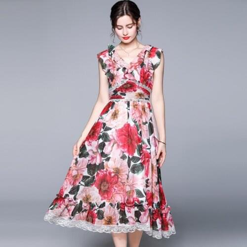 WTIANYUW 2021 Summer Runway Floral Ruffles High Waist Women Dress Vintage Lady Lace Patchwork Midi Long Dress A Line Vestidos