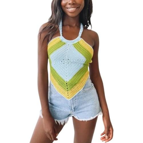 Women’s Fashion Contrast Color Knitted Camisole Sexy Bandage Backless Exposed Navel Suspender Tops
