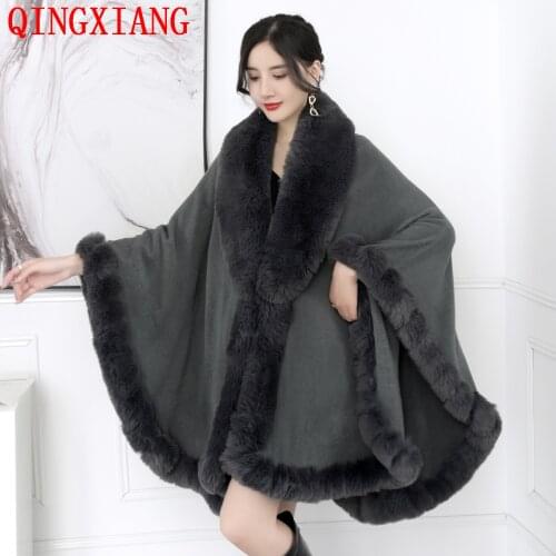 5 Colors 2021 Women Party Overcoat Cloak Winter Big Faux Rabbit Fur Collar Knitted Cardigan Cape Cashmere Long Sleeve Poncho