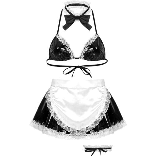 Womens Sexy Costumes Clubwear Halloween Parties Anime Maid Dress Fancy Cosplay Bra Top with Skirt G-string Briefs Apron Necklace