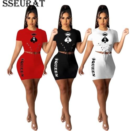 SSEURAT Women Set Solid Sleeveless Crop Tops +Matching Skinny Elastic Mini Skirts 2 Piece Sets Summer Poker Print Tracksuits