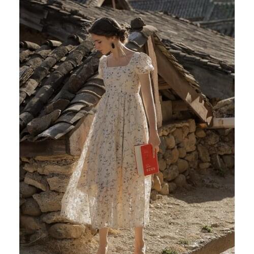 Women Dress Summer Vintage Elegant Slim Sexy Backless Hollow Out Print Lace Dress Mori Girls Korean Fashion Long Bandage Dress