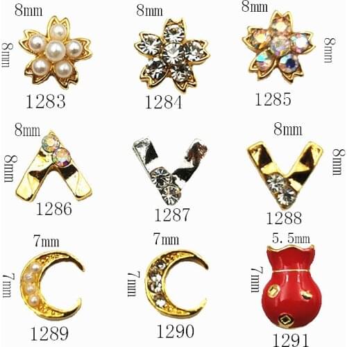 10pcs/pack Japan Alloy Nail Art flower 'V" moon purse with rhinestone pearl Metal Accessorie for Phototherapy Nail Sticker DIY