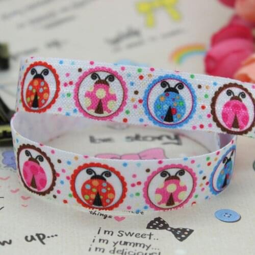 DHK 5/8 inch 5yards Fold Over Elastic FOE ladybug printed ribbon headband diy decoration OEM Wholesale C213