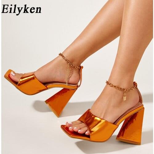 Eilyken Fashion Square Toe Chain Ankle Buckle Strap Women Roman Sandals Triangle Chunky High Heels Summer Sexy Pumps Party Shoes