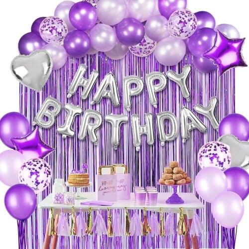 Purple Silver Party Decorations Girl Birthday Party Supplies with Silver Aluminum Foil Balloon Banner Tassels and Cake Topper