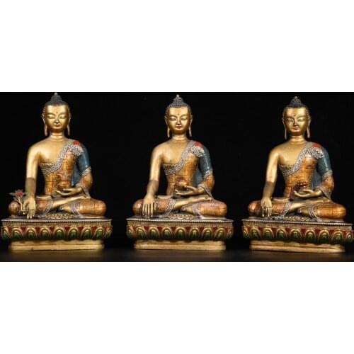 12"Tibet Temple Collection Old Bronze Painted Sakyamuni Medicine Buddha Amitabha Sambo Buddha Ornaments Town House Exorcism