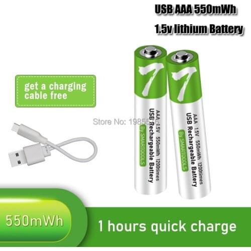 100% capacity 1.5V 550mwh AAA li-ion Battery li-polymer with USB rechargeable lithium usb battery + USB cable