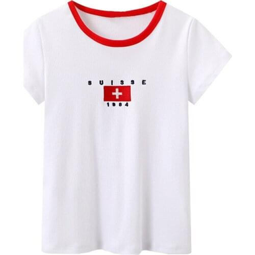 Sweet Women Soft Cotton O Neck T-shirt 2021 Summer Fashion Ladies High Street Slim T-shirt Female Embroidery Short T-shirt Top