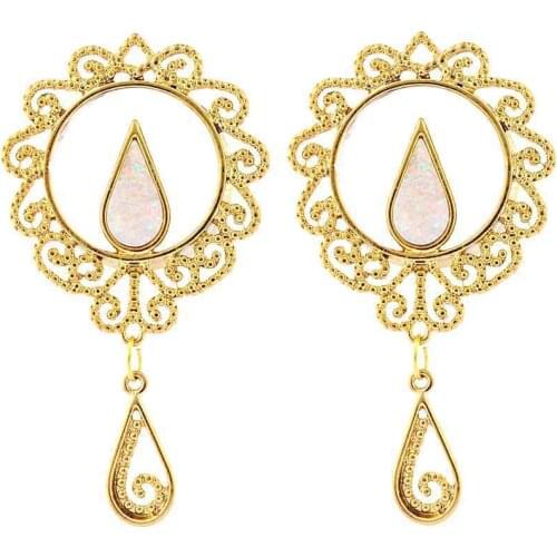 Fashion Opal Gold-color Dangle Ear Plugs Ear Tunnels Piercing Gauges Ear Tunnel Expanders Rings Body Jewelry for Women 28pcs/lot