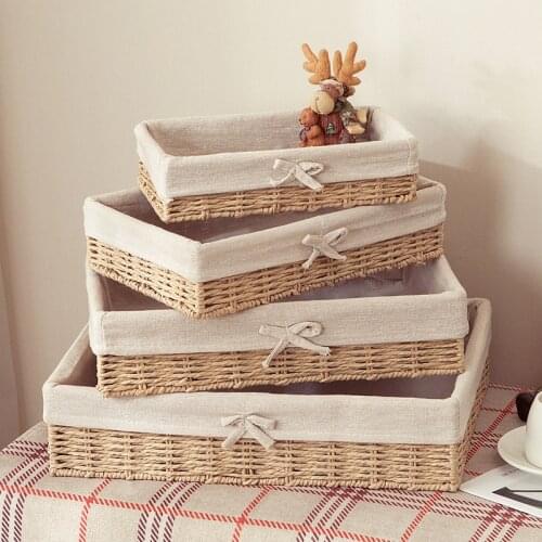 Linen Desktop Storage Basket Sundries Toy Storage Box Stationery Container Kitchen Organizer Woven Straw Baskets Desktop Storage