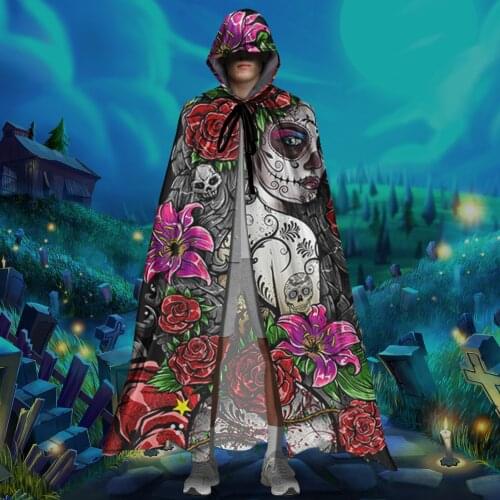 Sugar Skull Day of the Dead Brand Design Unisex Adult Cloak Hooded Halloween Christmas Cloak Vampire Witch Cape Cosplay Costumes