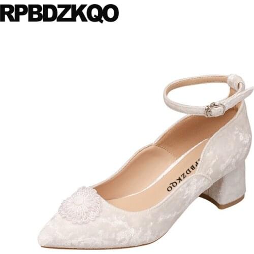 Ankle strap pointed toe designer women luxury shoes white size 4 34 2019 thick fashion 33 velvet pumps block medium heels china