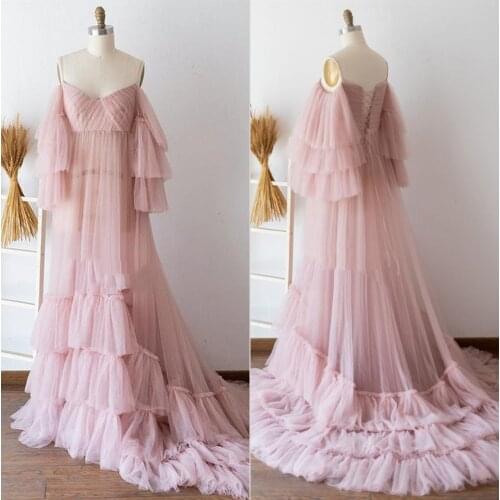 Blush Pink Sheer Tulle Gown Robe Maternity Dress for Photoshoot Layered Tulle Maternity Women Dresses Photography Dressing Gown