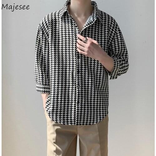 Summer Plaid Shirts Men Draped Mature Straight Oversize Social Casual Business All-match Harajuku Hipster Bird Lattice Young Ins