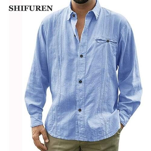 SHIFUREN 2020 New Mens Linen Cotton Shirts Long Sleeve Button Male Causal Basic Blouse Tops Solid Streetwear masculina camisas