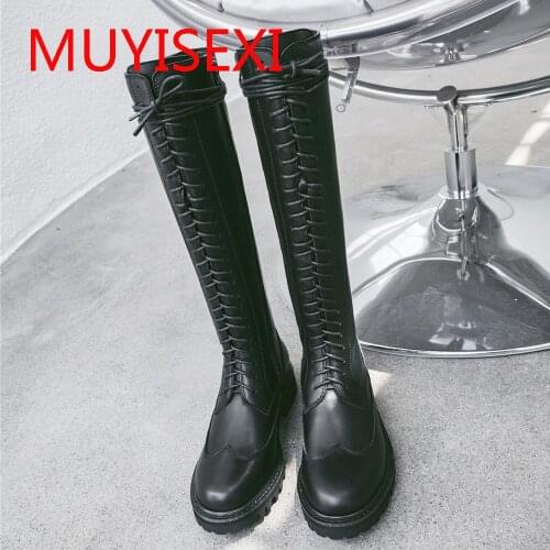 Full genuine leather lace up med heels punk superstar equestrian boots buckle over the knee plus size 34-43 YT13 MUYISEXI