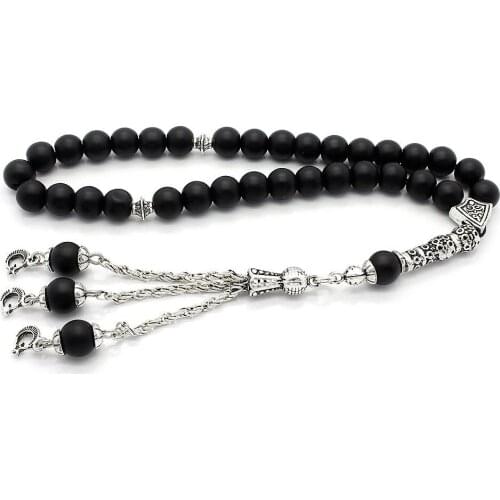 Sphere Shaped Mate Onyx Stone Rosary with Moon and Star Symbols