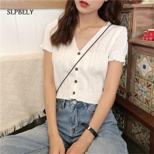 SLPBELY Women Knitted Crop Tops Summer Short Sleeves Hollow Knitted Cardigan Stretchy Ruffles Buttons T-shirts Tops For Women