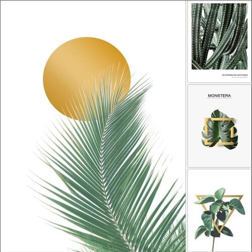 Modern Simple Green Plant Poster Plant Turtle Back Cactus Green Leaf letter Canvas Painting, Gold Foil GeometricPrinting Mural