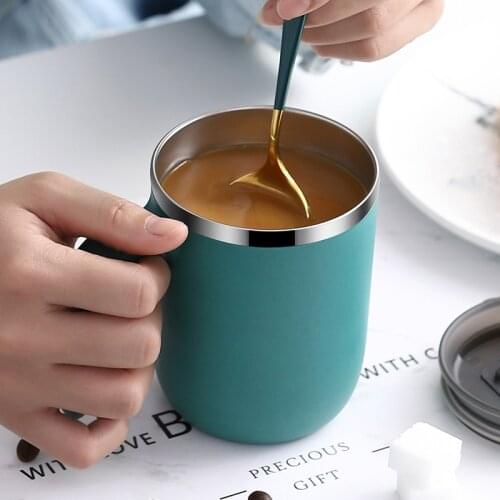400ml European Style Double Layers Coffee Mug Thermal Watercup 304 Stainless Steel Liner Milk Cup With Spoon And Sealed Lid