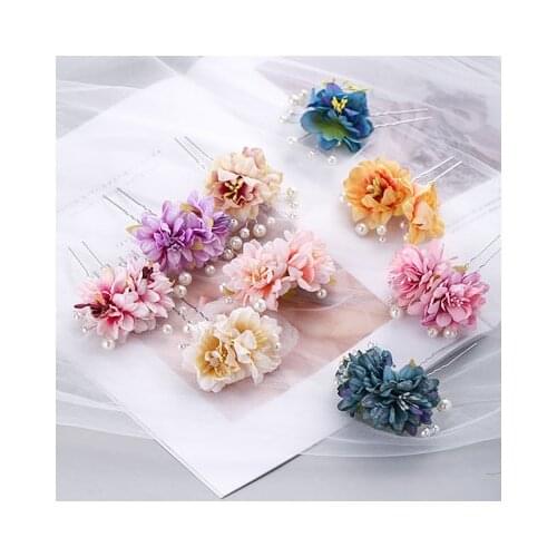 Cloth Flower Side Comb with Pearl U Shaped Hairpins Clips Chinese Style Vintage Headdress Hanfu Clothing Accessories for Women