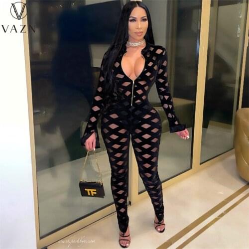 VAZN 2021 spring women fashion new sexy club party style jumpsuits long sleeve zipper printed jumpsuits long pants