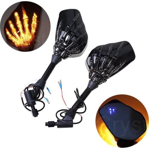 Motorcycle Rear View Mirror Skull Hand Pattern Ghost Claw LED Turn Signal Side Mirror 10mm 8mm For Harley Honda SUZUKI Kawasaki