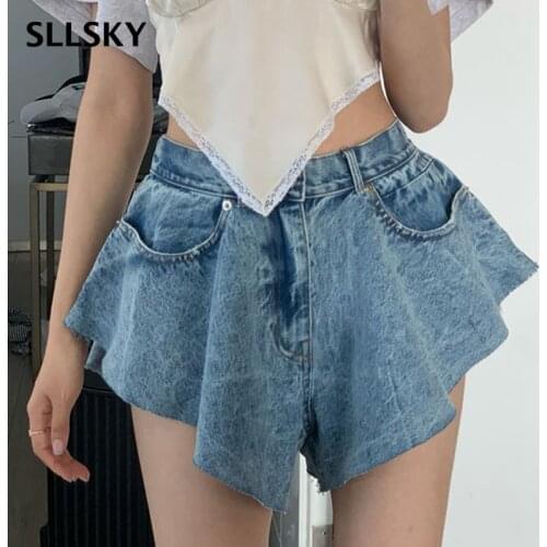 SLLSKY Sexy Irregular High Waist Denim Shorts Women Summer Blue Loose Jean Shorts Streetwear Fashion Female Wide Leg Shorts